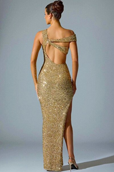 FashionForYou Μακρύ φόρεμα Raquel, με πούλιες και φαρδιά, ασύμμετρα κοψίματα, Χρυσό