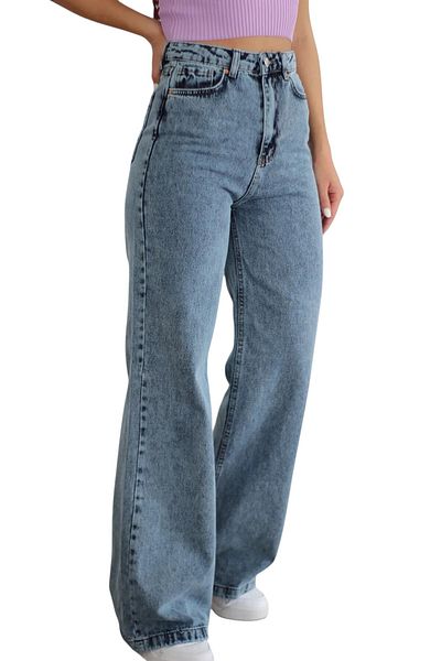 byhaziran butik Mihaela Young Girl Light Blue Snow Wash High Waist Lycra Casual 90's Loose Leg Denim Pants
