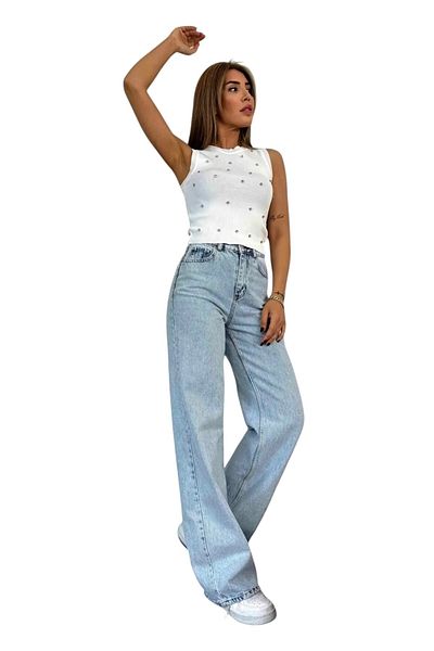 byhaziran butik Cher Women's Blue Snow Wash High Waist Stretchy Classic Wide Leg Jeans