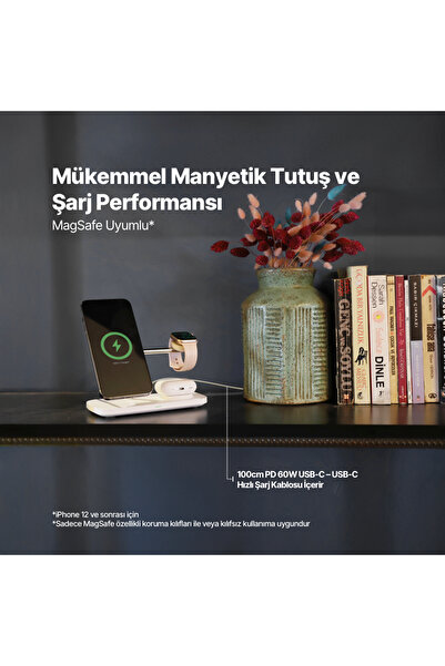 Ttec AirCharger Trio Pro Qi2/MagSafe Özellikli 15W iPhone/Android Özellikli 3’ü 1 Arada Şarj Standı