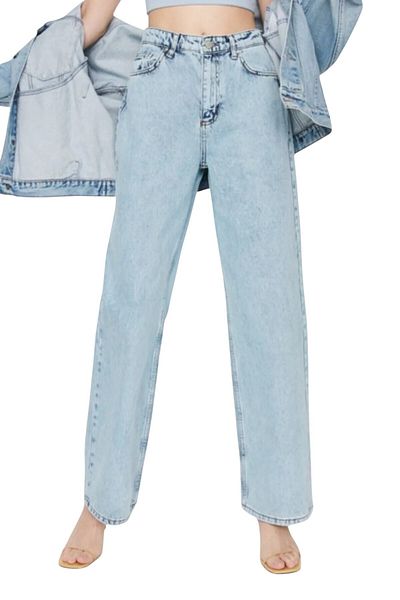 byhaziran butik Roard Young Girl Light Blue Snow Wash High Waist Lycra Casual 90's Loose Leg Jeans