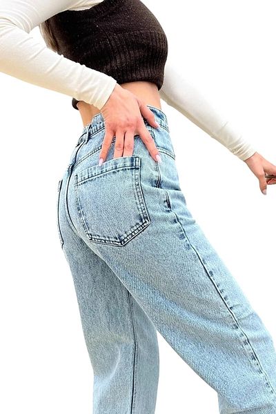 byhaziran butik Lucienna Women's Snow Wash High Waist Stretchy Wide Leg Jeans