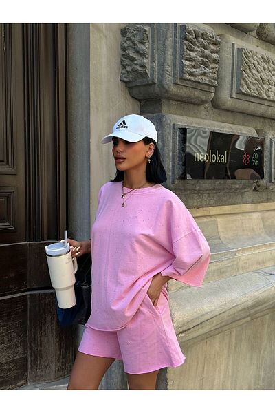 Bliss Set de pantaloni scurți de damă, model Stone, set de vară oversize cu croiala confortabilă