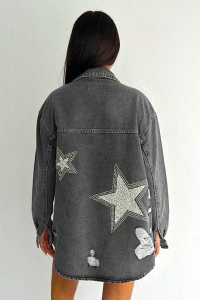 FashionForYou Jachetă lungă din denim Focus, croială tip cămașă, perforații și aplicații artizanale, Gri Antracit, M