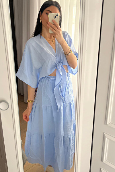 Dolcha Marina Kadın Mavi Müslin Bağlamalı Bluz & Etek Takım – Rahat Yazlık Ko...