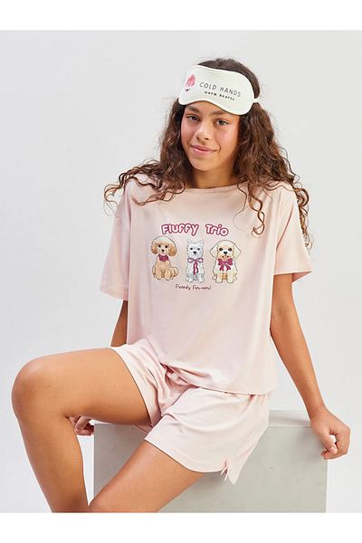 LC Waikiki Lcw Kids Pink Crew Neck Girls' Pajamas Set with Shorts