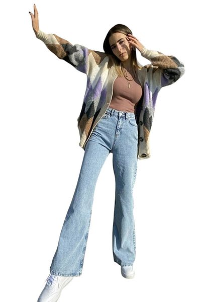 byhaziran butik Joan Women's Blue Snow Wash High Waist Lycra Casual Loose Leg Jeans