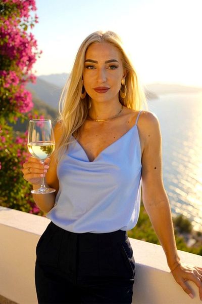 FashionForYou Top Consuelo din satin, bretele fine, albastru deschis, mărime S/M