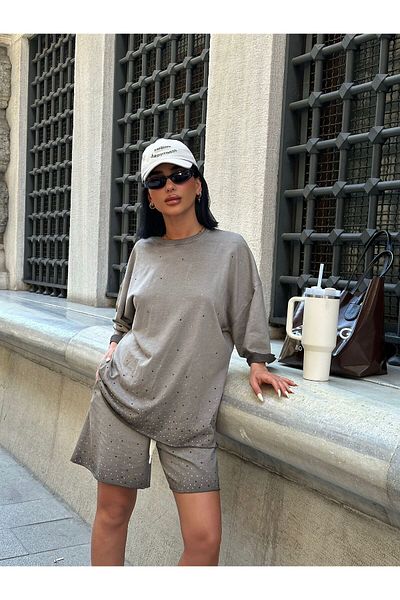 Bliss Set de pantaloni scurți de damă, model Stone, țesătură lavabilă, set de vară oversize cu croiala confortabilă