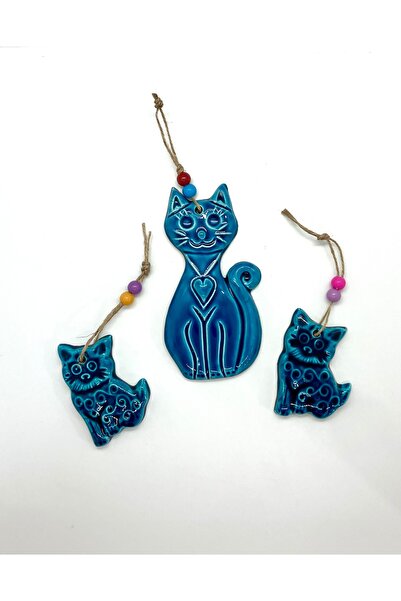 Store Seramik Kedi Ailesi Mavi Balkon Duvar Bahçe Süsü Dekorasyonu 3’lü Set