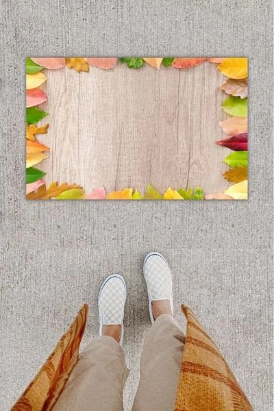 Mu Art Ahşap Digital Printing Decorative Multiple Leaf Gray Door Mat K-1233