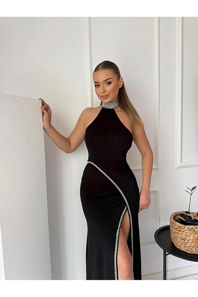 Modafeminen Βραδινό φόρεμα Halter Neck Stone Scuba Μαύρο 583143