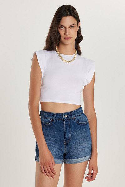 Tudors Bluză albă pentru femei, slim fit, cu mâneci zero, cu decolteu rotund