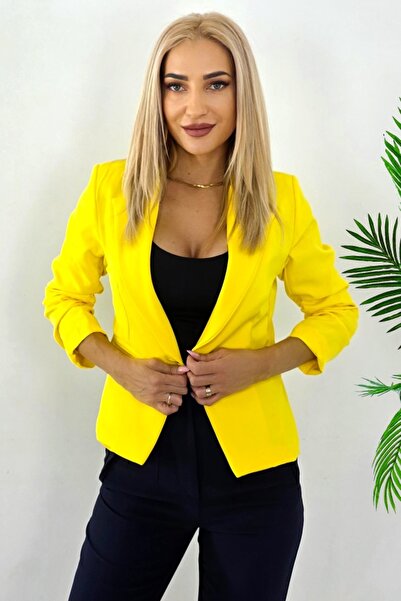 FashionForYou Sacou elegant Gisela, maneca cu fronseu si croi scurt, Galben