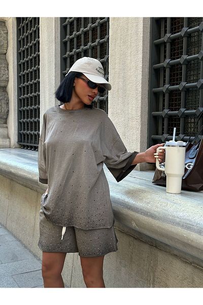Bliss Set de pantaloni scurți de damă, model Stone, țesătură lavabilă, set de vară oversize cu croiala confortabilă