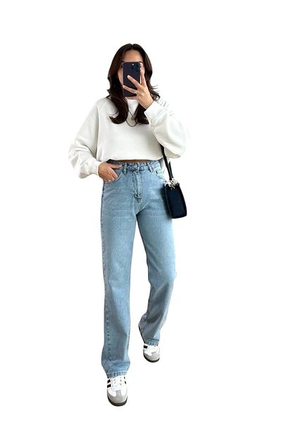 byhaziran butik Sylvie Women's Snow Wash Extra High Waist Stretchy Waist Comfortable Wide Leg Jeans Pants