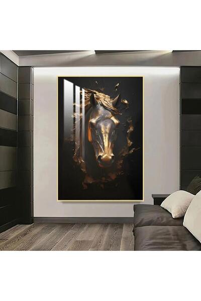SND لوحة جدارية خشبية بتصميم حصان مع برواز ذهبي و طبقة من الاكرليك الشفاف