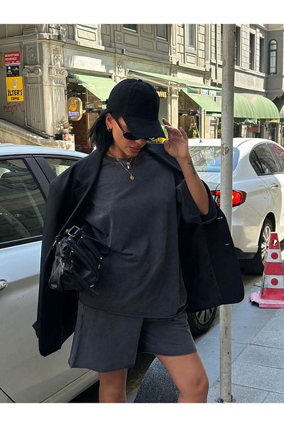 Bliss Set de pantaloni scurți de damă cu fundul negru, model simplu, costum de vară oversize cu croiala confortabilă