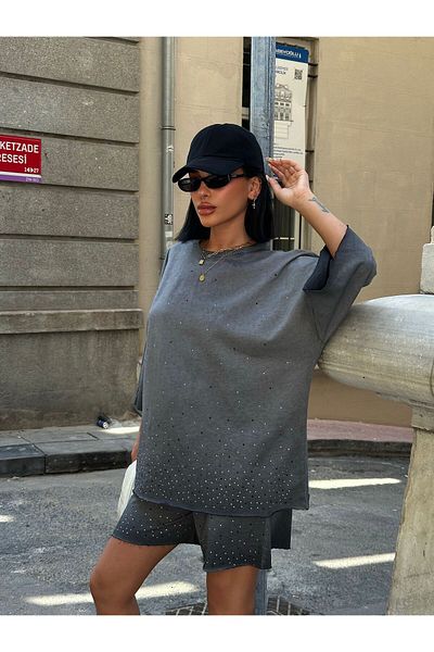 Bliss Set de pantaloni scurți de damă, model Stone, țesătură lavabilă, set de vară oversize cu croiala confortabilă