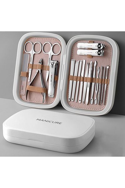gaman Professional 18 Piece White Manicure Pedicure Care Set - at Home, Travel or Office