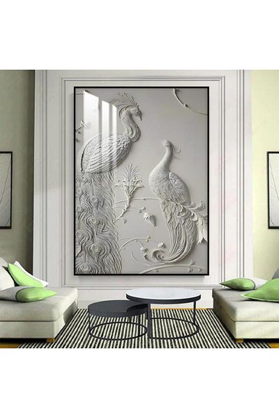 4gdran A wooden wall panel printed with a gypsum design, with a black frame and a clear acrylic layer.