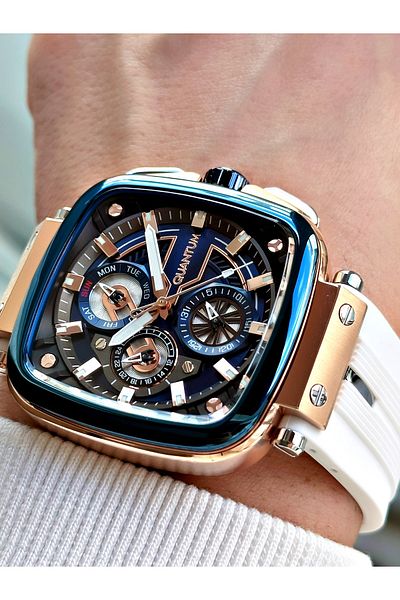 Quantum Function Navy Blue-White Color Silicone Cord Steel Case Angled Dial Men's Wrist Watch 1014.493