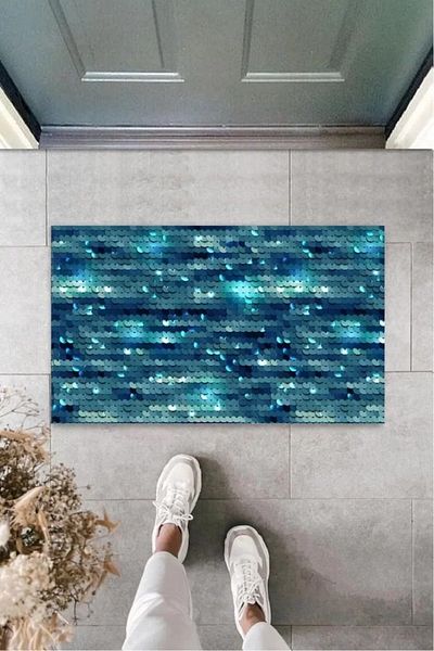 Mu Art Ahşap Decorative Digital Sequin Blue Door Mat Outdoor Mat K-3165