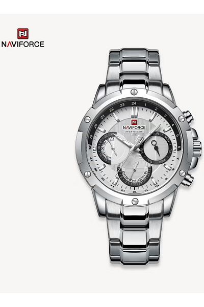 Naviforce Silver Dial Stainless Steel Chronograph Mens Watch Waterproof