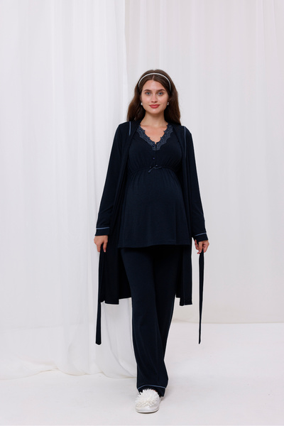 Yulem Homewear طقم بيجامة مكون من 3 قطع مع ياقة دانتيل ميلانج باللون الأزرق ا...