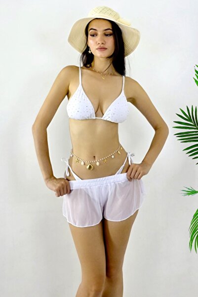 FashionForYou Fusta scurta pantalon, de plaja LANi, cu banda elastica, ALB