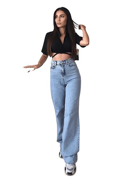 byhaziran butik Wolf Women's Blue Snow Wash High Waist Classic Wide Leg Jeans