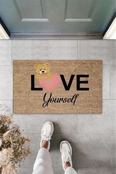 Mu Art Ahşap Beige Door Mat Love Yourself Teddy Bear Pattern K-3327