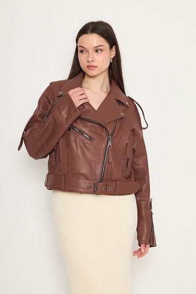 By Marki Marki Women's Brown Genuine Leather Jacket – Belted, Snap Detailed, Lined, Oversized