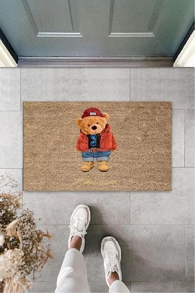 None Brown Door Mat Hello Winter Teddy Bear Pattern K-3245