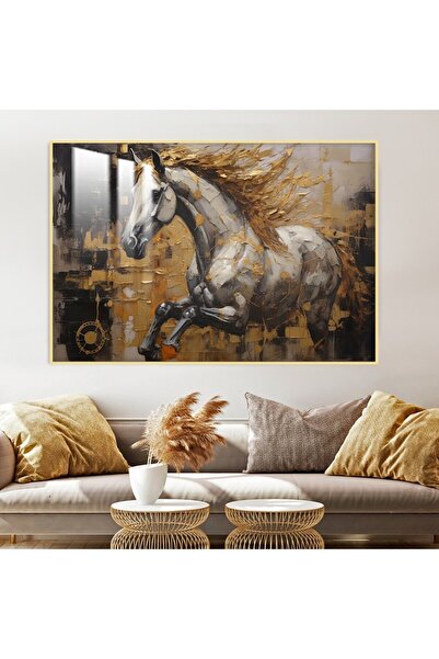 SND Luxury wooden wall plaque with a horse design, with a golden frame and a ...
