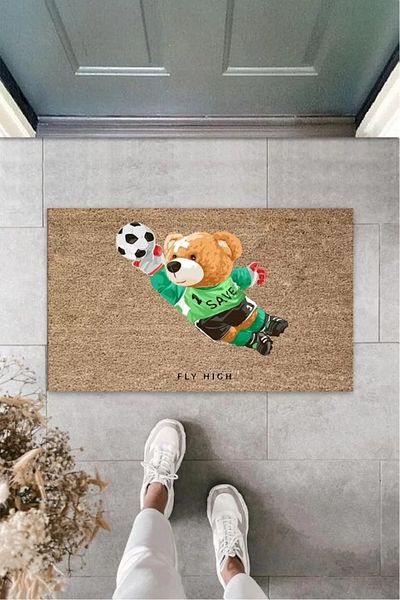 Mu Art Ahşap Digital Print Brown Goalie Teddy Bear Mat K-3135
