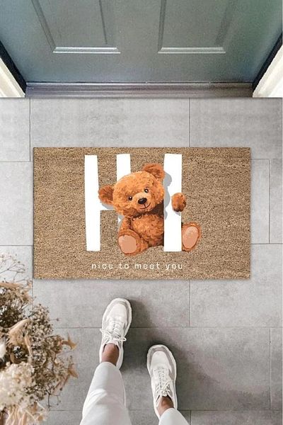 Mu Art Ahşap Decorative Digital Nice To Meet You Bear Beige Door Mat Outdoor Door Mat K-3061