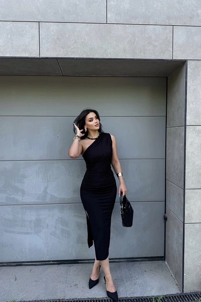 Sorridi One Shoulder Draped Slit Sandy Maxi Dress