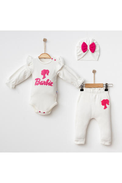 Barbie Nakışlı %100 Pamuk Kız Bebek Şapkalı Alt Üst 3'Lü Takım