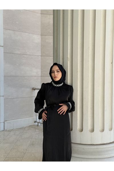 MERVEPLUME Plume Women's Hijab Belted Dress Evening Dress with Belt Detail