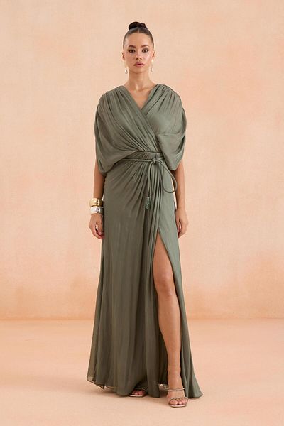 Carmen Βραδινό φόρεμα Χακί με σχισμή ζώνη οργάντζα