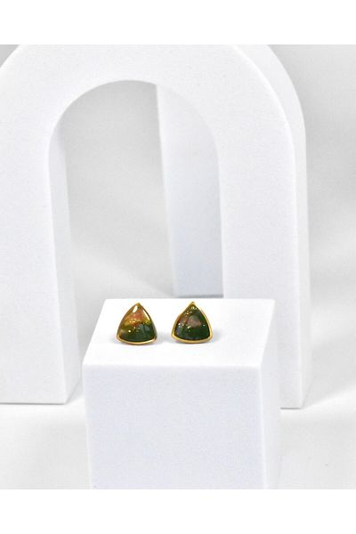 NARRU Handmade NARRU earrings, stylized triangle, green, copper and gold, Vasia