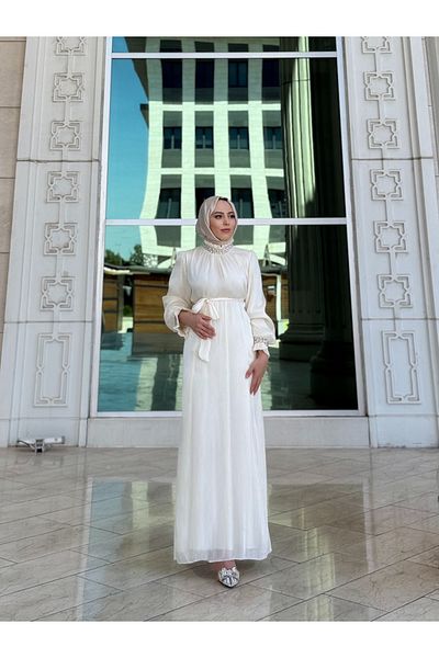 MERVEPLUME Plume Women's Hijab Belted Dress Evening Dress with Belt Detail