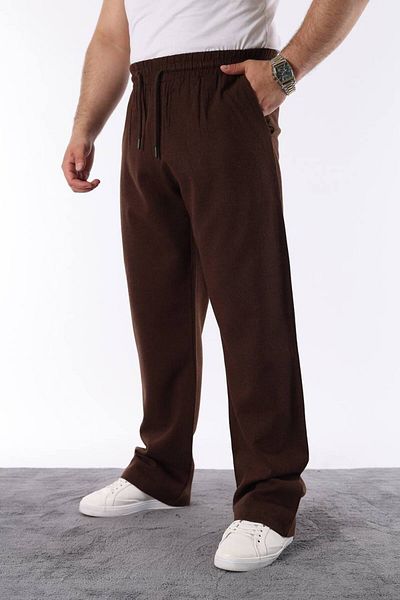 STOCX Men's Brown Color Elastic Waist Relaxed Fit Linen Trousers
