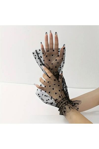 DİLARRA Boutique Black Tulle with Black Heart Bridal Wedding Invitation Prom Party Gloves
