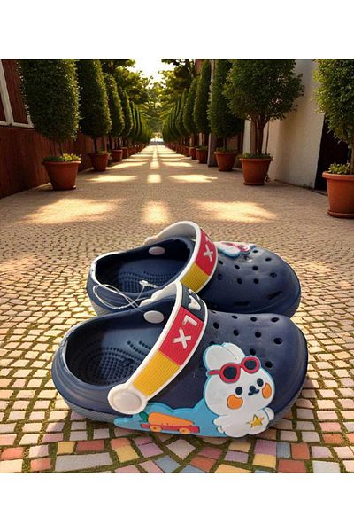 ÇEÇEN HOME Children's Navy Blue Color, Carrot Rabbit Figured Anti-Slip Sandals Cross Slippers