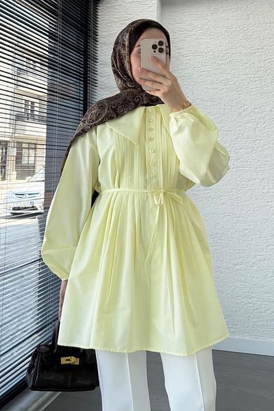 MELEK ARAZ Baby Collar Rib Detailed Belted Poplin Tunic - Yellow