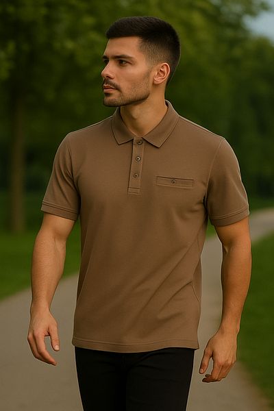 Maccali Men's Basic Long Plain Brown Polo Neck T-Shirt with Pockets