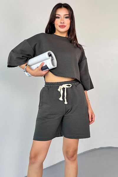 Cappmoda Tkm-03598 Smoked Color Dirty Stitched Drawstring Crop Shorts Suit