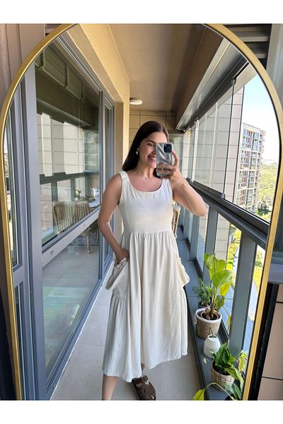 Elif Özbey Butik Ecru Linen Dress with Seashell Detail